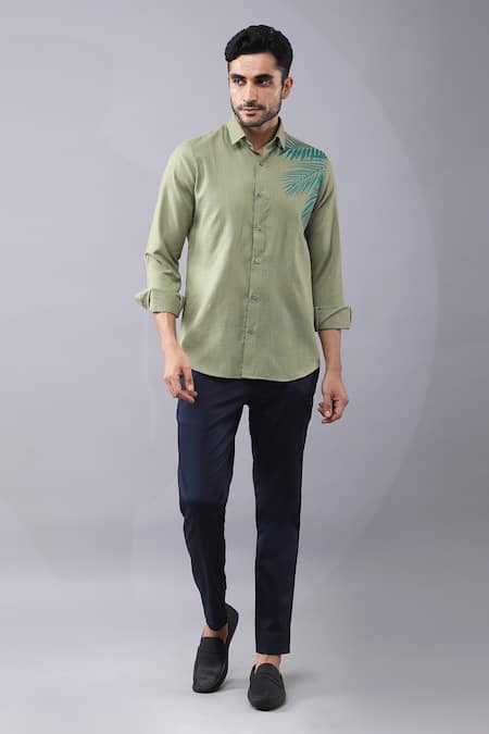 Manish Nagdeo Green Cotton Blend Printed Nature Placement Shirt 