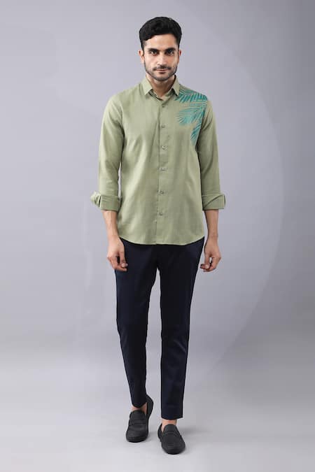 Manish Nagdeo Green Cotton Placement Nature Print Shirt Online at Aza Fashions Manish Nagdeo_Green Cotton Placement Nature Print Shirt _Online_at_Aza_Fashions
