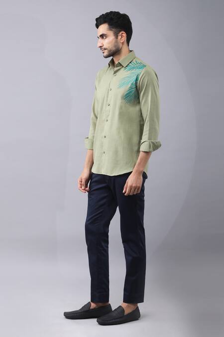 Buy Manish Nagdeo Green Cotton Placement Nature Print Shirt Online at Aza Fashions Buy_Manish Nagdeo_Green Cotton Placement Nature Print Shirt _Online_at_Aza_Fashions
