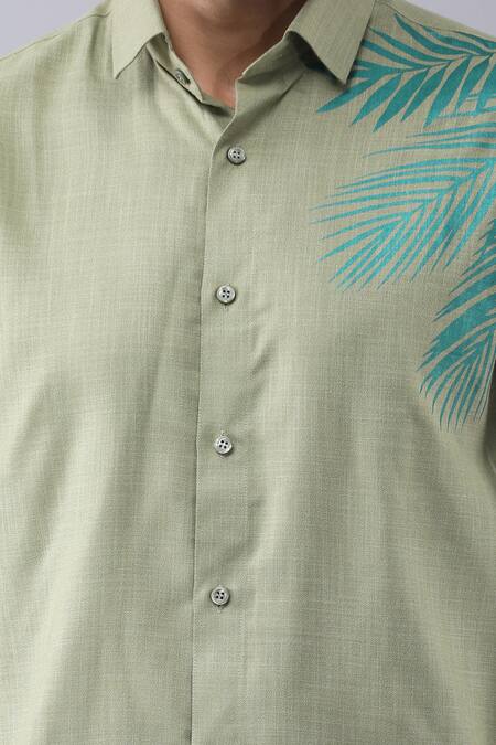 Shop Manish Nagdeo Green Cotton Placement Nature Print Shirt Online at Aza Fashions Shop_Manish Nagdeo_Green Cotton Placement Nature Print Shirt _Online_at_Aza_Fashions