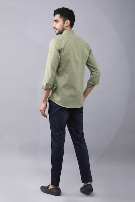 Shop Manish Nagdeo Green Cotton Placement Nature Print Shirt at Aza Fashions Shop_Manish Nagdeo_Green Cotton Placement Nature Print Shirt _at_Aza_Fashions