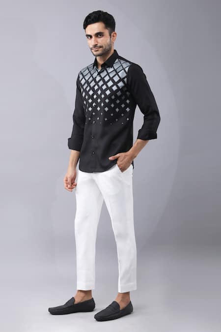 Manish Nagdeo Black , Satin Abstract Print Shirt Online at Aza Fashions Manish Nagdeo_Black , Satin Abstract Print Shirt _Online_at_Aza_Fashions