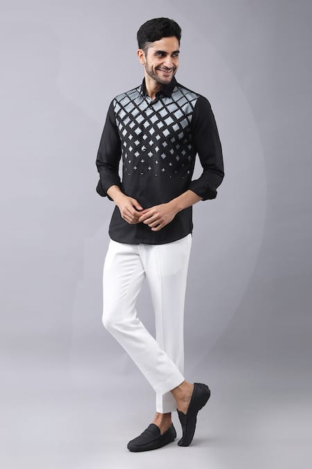 Shop Manish Nagdeo Black , Satin Abstract Print Shirt Online at Aza Fashions Shop_Manish Nagdeo_Black , Satin Abstract Print Shirt _Online_at_Aza_Fashions