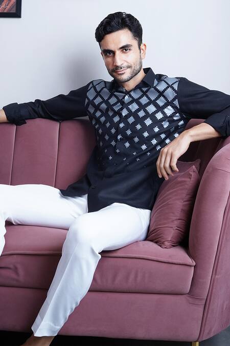 Manish Nagdeo Black , Satin Abstract Print Shirt at Aza Fashions Manish Nagdeo_Black , Satin Abstract Print Shirt _at_Aza_Fashions