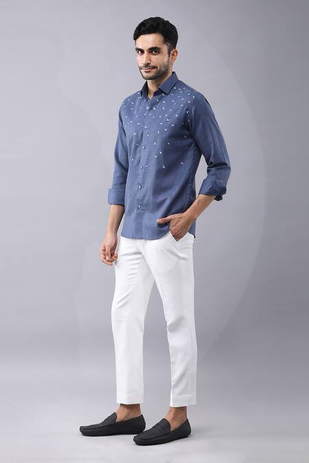 Manish Nagdeo Blue Cotton Placement Animal Print Shirt Online at Aza Fashions Manish Nagdeo_Blue Cotton Placement Animal Print Shirt _Online_at_Aza_Fashions