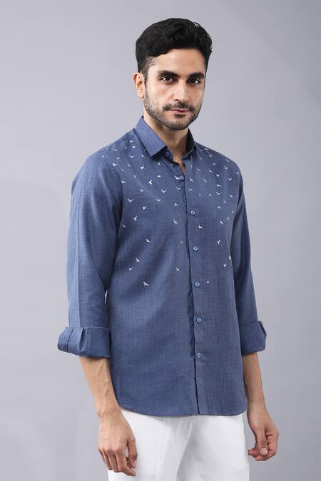 Buy Manish Nagdeo Blue Cotton Placement Animal Print Shirt Online at Aza Fashions Buy_Manish Nagdeo_Blue Cotton Placement Animal Print Shirt _Online_at_Aza_Fashions