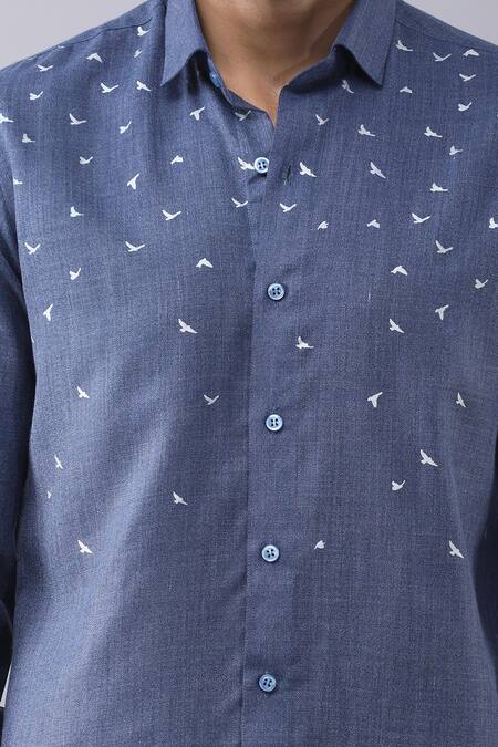 Shop Manish Nagdeo Blue Cotton Placement Animal Print Shirt Online at Aza Fashions Shop_Manish Nagdeo_Blue Cotton Placement Animal Print Shirt _Online_at_Aza_Fashions