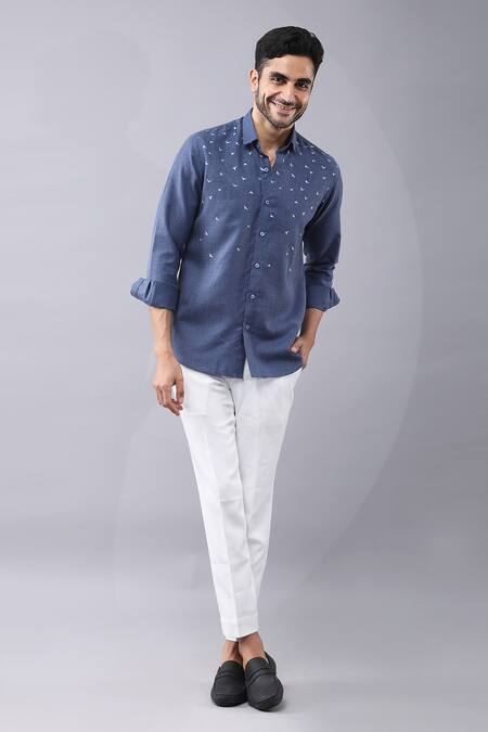 Manish Nagdeo Blue Cotton Placement Animal Print Shirt at Aza Fashions Manish Nagdeo_Blue Cotton Placement Animal Print Shirt _at_Aza_Fashions