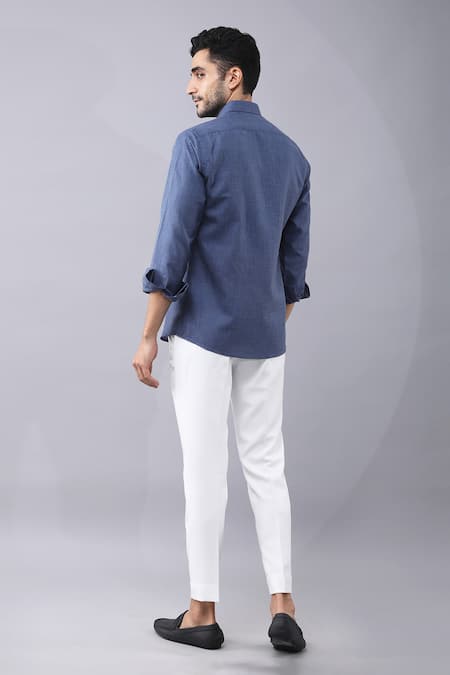 Shop Manish Nagdeo Blue Cotton Placement Animal Print Shirt at Aza Fashions Shop_Manish Nagdeo_Blue Cotton Placement Animal Print Shirt _at_Aza_Fashions