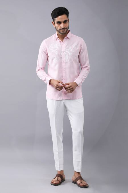 Manish Nagdeo Pink Cotton Embroidery Placement Floral Print Shirt Online at Aza Fashions Manish Nagdeo_Pink Cotton Embroidery Placement Floral Print Shirt _Online_at_Aza_Fashions