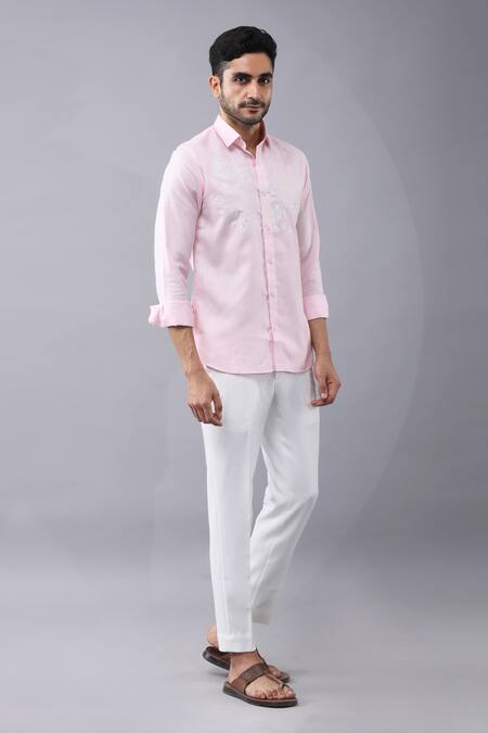 Shop Manish Nagdeo Pink Cotton Embroidery Placement Floral Print Shirt Online at Aza Fashions Shop_Manish Nagdeo_Pink Cotton Embroidery Placement Floral Print Shirt _Online_at_Aza_Fashions