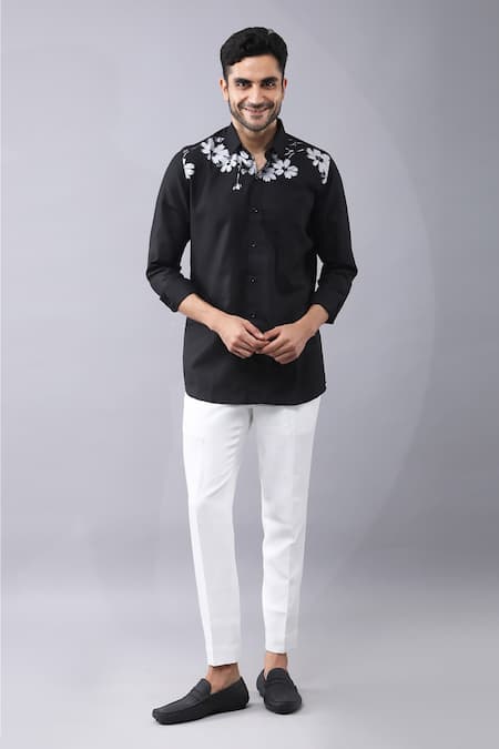 Manish Nagdeo Black Cotton Blend Printed Floral Button Down Shirt 