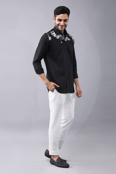 Manish Nagdeo Black Cotton Embroidery Printed Button Down Shirt Online at Aza Fashions Manish Nagdeo_Black Cotton Embroidery Printed Button Down Shirt _Online_at_Aza_Fashions