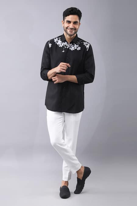 Shop Manish Nagdeo Black Cotton Embroidery Printed Button Down Shirt Online at Aza Fashions Shop_Manish Nagdeo_Black Cotton Embroidery Printed Button Down Shirt _Online_at_Aza_Fashions