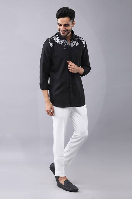 Manish Nagdeo Black Cotton Embroidery Printed Button Down Shirt at Aza Fashions Manish Nagdeo_Black Cotton Embroidery Printed Button Down Shirt _at_Aza_Fashions