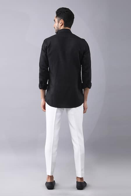 Shop Manish Nagdeo Black Cotton Embroidery Printed Button Down Shirt at Aza Fashions Shop_Manish Nagdeo_Black Cotton Embroidery Printed Button Down Shirt _at_Aza_Fashions