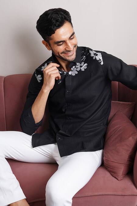 Buy Manish Nagdeo Black Cotton Embroidery Printed Button Down Shirt Buy_Manish Nagdeo_Black Cotton Embroidery Printed Button Down Shirt