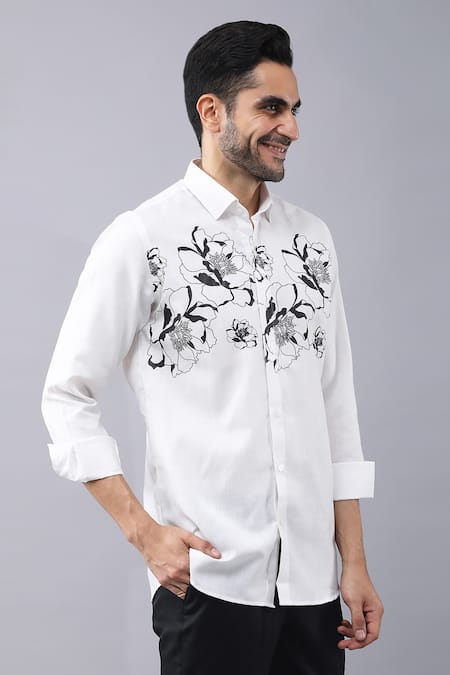 Manish Nagdeo White Cotton Embroidery Floral Print Button Down Shirt Online at Aza Fashions Manish Nagdeo_White Cotton Embroidery Floral Print Button Down Shirt _Online_at_Aza_Fashions