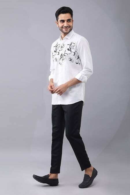 Shop Manish Nagdeo White Cotton Embroidery Floral Print Button Down Shirt Online at Aza Fashions Shop_Manish Nagdeo_White Cotton Embroidery Floral Print Button Down Shirt _Online_at_Aza_Fashions