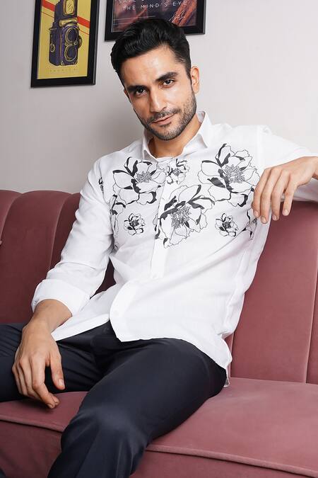 Manish Nagdeo White Cotton Embroidery Floral Print Button Down Shirt at Aza Fashions Manish Nagdeo_White Cotton Embroidery Floral Print Button Down Shirt _at_Aza_Fashions