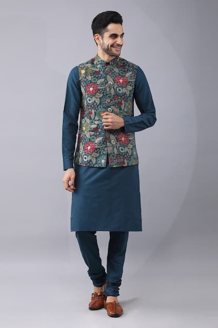 Manish Nagdeo Blue Bundi Ruby Silk Printed Floral Kurta Set 