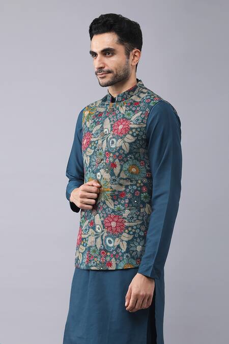 Shop Manish Nagdeo Blue Cotton, Silk Embroidery Floral Print Bundi Kurta Set Online at Aza Fashions Shop_Manish Nagdeo_Blue Cotton, Silk Embroidery Floral Print Bundi Kurta Set_Online_at_Aza_Fashions