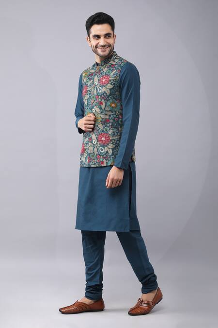 Manish Nagdeo Blue Cotton, Silk Embroidery Floral Print Bundi Kurta Set at Aza Fashions Manish Nagdeo_Blue Cotton, Silk Embroidery Floral Print Bundi Kurta Set_at_Aza_Fashions