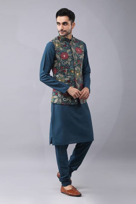 Buy Manish Nagdeo Blue Cotton, Silk Embroidery Floral Print Bundi Kurta Set Buy_Manish Nagdeo_Blue Cotton, Silk Embroidery Floral Print Bundi Kurta Set