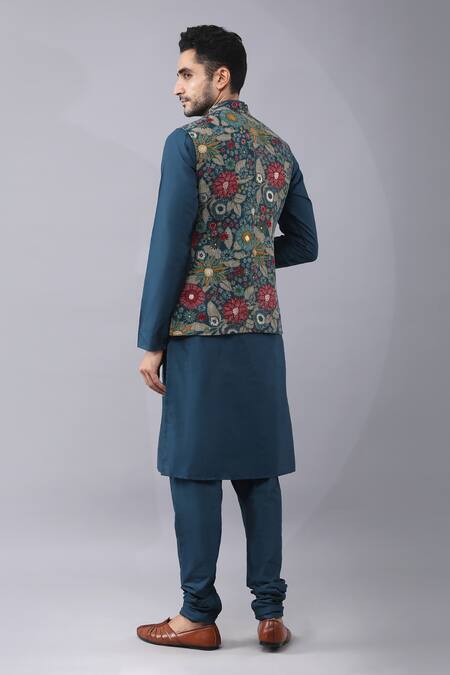 Shop Manish Nagdeo Blue Cotton, Silk Embroidery Floral Print Bundi Kurta Set at Aza Fashions Shop_Manish Nagdeo_Blue Cotton, Silk Embroidery Floral Print Bundi Kurta Set_at_Aza_Fashions
