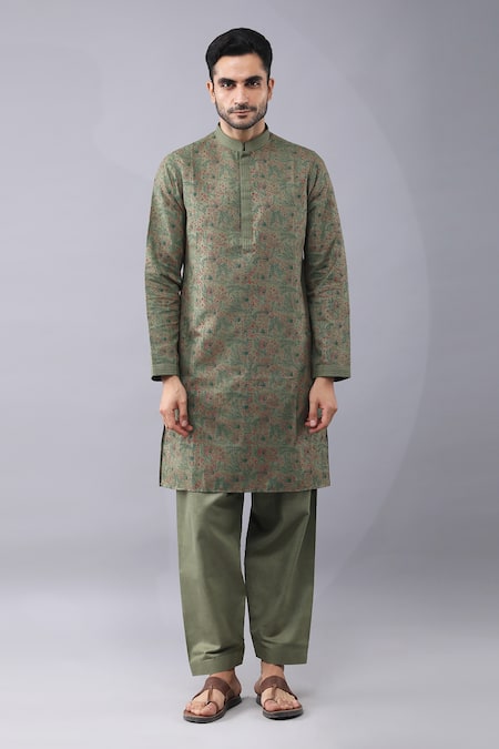 Buy_Manish Nagdeo_Green Silk Embroidery Floral Print Kurta And Salwar Set _Online_at_Aza_Fashions