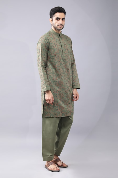 Shop_Manish Nagdeo_Green Silk Embroidery Floral Print Kurta And Salwar Set _Online_at_Aza_Fashions