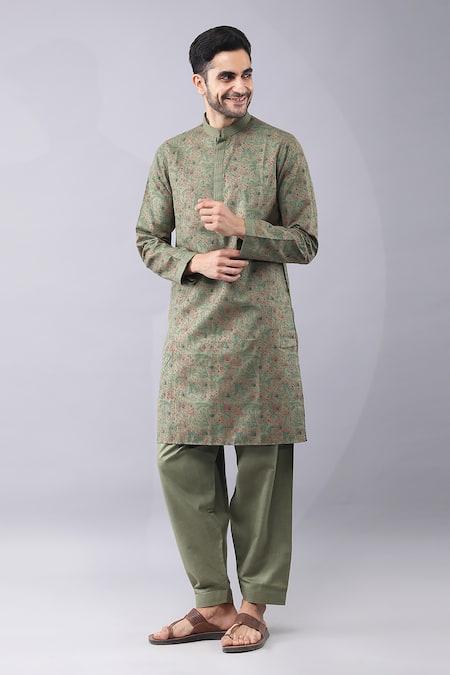 Buy_Manish Nagdeo_Green Silk Embroidery Floral Print Kurta And Salwar Set 