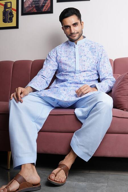 Buy Manish Nagdeo Blue Silk, Cotton Embroidery Thread Work Kurta And Salwar Set Buy_Manish Nagdeo_Blue Silk, Cotton Embroidery Thread Work Kurta And Salwar Set