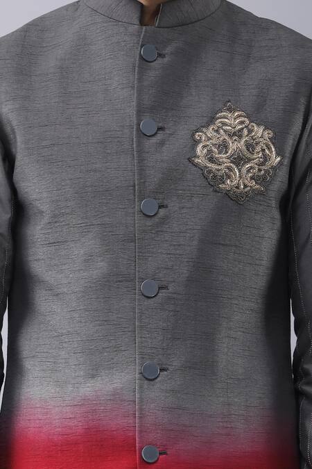 Shop Manish Nagdeo Gray Silk, Cotton Embroidery Shaded Bundi Kurta Set Shop_Manish Nagdeo_Gray Silk, Cotton Embroidery Shaded Bundi Kurta Set