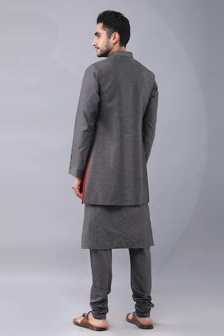 Shop Manish Nagdeo Gray Silk, Cotton Embroidery Shaded Bundi Kurta Set at Aza Fashions Shop_Manish Nagdeo_Gray Silk, Cotton Embroidery Shaded Bundi Kurta Set _at_Aza_Fashions