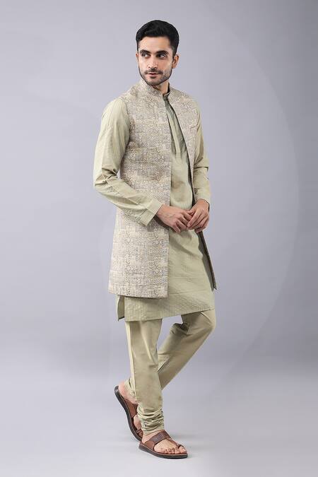 Shop_Manish Nagdeo_Green Silk, Cotton Sequins, Embroidery Floral Printed Bundi Kurta Set _Online_at_Aza_Fashions