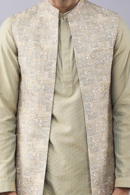 Manish Nagdeo_Green Silk, Cotton Sequins, Embroidery Floral Printed Bundi Kurta Set _at_Aza_Fashions