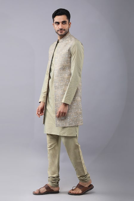 Buy_Manish Nagdeo_Green Silk, Cotton Sequins, Embroidery Floral Printed Bundi Kurta Set 