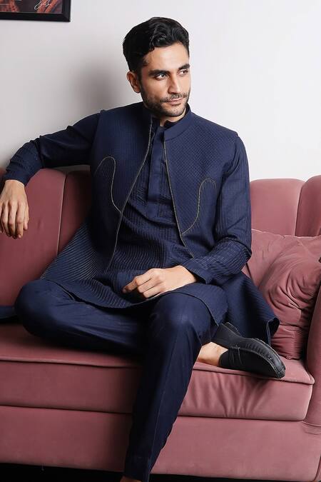 Shop Manish Nagdeo Blue Silk Embroidery Dori Bundi Kurta Set Shop_Manish Nagdeo_Blue Silk Embroidery Dori Bundi Kurta Set