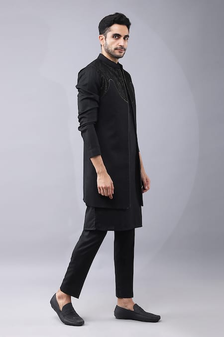 Shop Manish Nagdeo Black Silk Diamonds Dori Work Bundi Kurta Set Online at Aza Fashions Shop_Manish Nagdeo_Black Silk Diamonds Dori Work Bundi Kurta Set _Online_at_Aza_Fashions