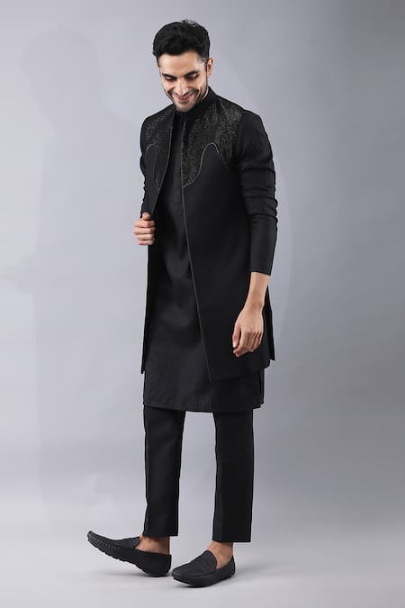 Buy Manish Nagdeo Black Silk Diamonds Dori Work Bundi Kurta Set Buy_Manish Nagdeo_Black Silk Diamonds Dori Work Bundi Kurta Set