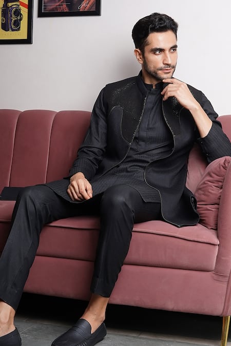 Shop Manish Nagdeo Black Silk Diamonds Dori Work Bundi Kurta Set Shop_Manish Nagdeo_Black Silk Diamonds Dori Work Bundi Kurta Set