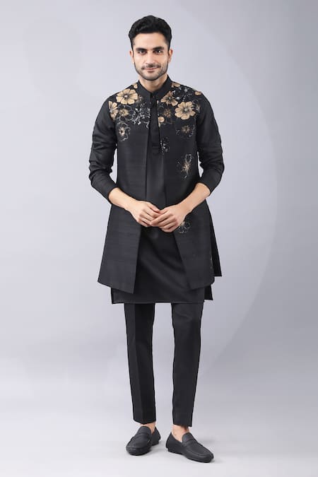 Manish Nagdeo Black Bundi Art Silk Printed Placement Kurta Set 