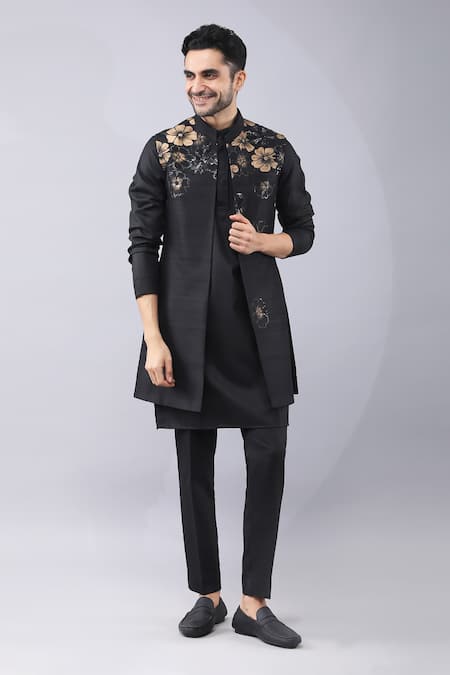 Buy Manish Nagdeo Black Silk Embroidery Placement Print Bundi Kurta Set Online at Aza Fashions Buy_Manish Nagdeo_Black Silk Embroidery Placement Print Bundi Kurta Set _Online_at_Aza_Fashions
