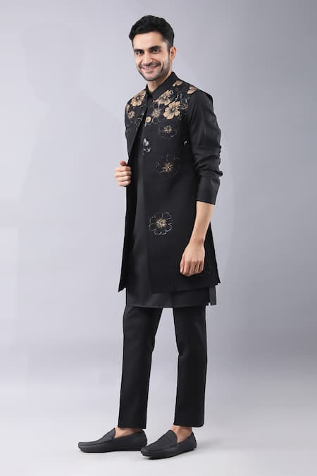 Shop Manish Nagdeo Black Silk Embroidery Placement Print Bundi Kurta Set Online at Aza Fashions Shop_Manish Nagdeo_Black Silk Embroidery Placement Print Bundi Kurta Set _Online_at_Aza_Fashions