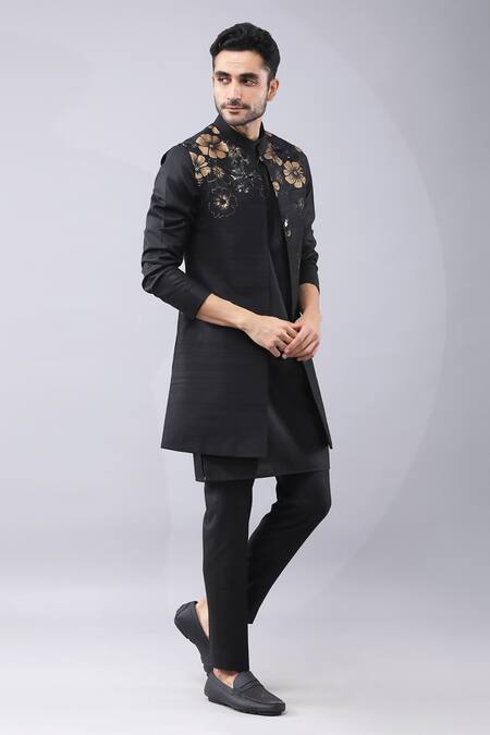 Manish Nagdeo Black Silk Embroidery Placement Print Bundi Kurta Set at Aza Fashions Manish Nagdeo_Black Silk Embroidery Placement Print Bundi Kurta Set _at_Aza_Fashions