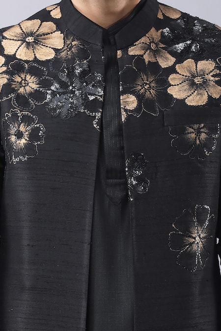 Buy Manish Nagdeo Black Silk Embroidery Placement Print Bundi Kurta Set Buy_Manish Nagdeo_Black Silk Embroidery Placement Print Bundi Kurta Set