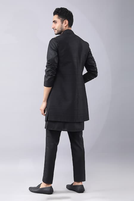 Shop Manish Nagdeo Black Silk Embroidery Placement Print Bundi Kurta Set at Aza Fashions Shop_Manish Nagdeo_Black Silk Embroidery Placement Print Bundi Kurta Set _at_Aza_Fashions