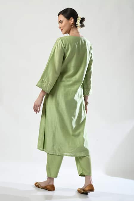 Shop 5cross Ajit Kumar Green Chanderi, Georgette, Cotton Satin Dori Embroidered Floral Kurta Pant Set at Aza Fashions Shop_5cross Ajit Kumar_Green Chanderi, Georgette, Cotton Satin Dori Embroidered Floral Kurta Pant Set _at_Aza_Fashions