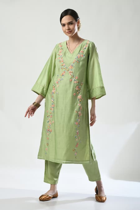 Buy 5cross Ajit Kumar Green Chanderi, Georgette, Cotton Satin Dori Embroidered Floral Kurta Pant Set Online at Aza Fashions Buy_5cross Ajit Kumar_Green Chanderi, Georgette, Cotton Satin Dori Embroidered Floral Kurta Pant Set _Online_at_Aza_Fashions